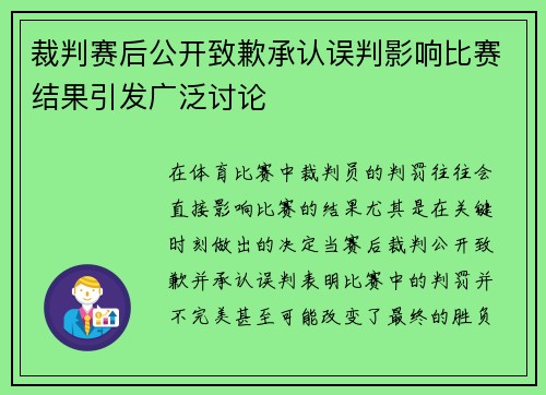 裁判赛后公开致歉承认误判影响比赛结果引发广泛讨论
